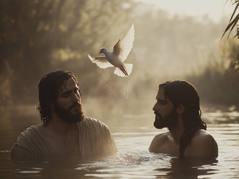 Saint John the Baptist, recognizing Jesus to be baptised. A sign of God in the form of a white pigeon, to confirm his quest was finished. 