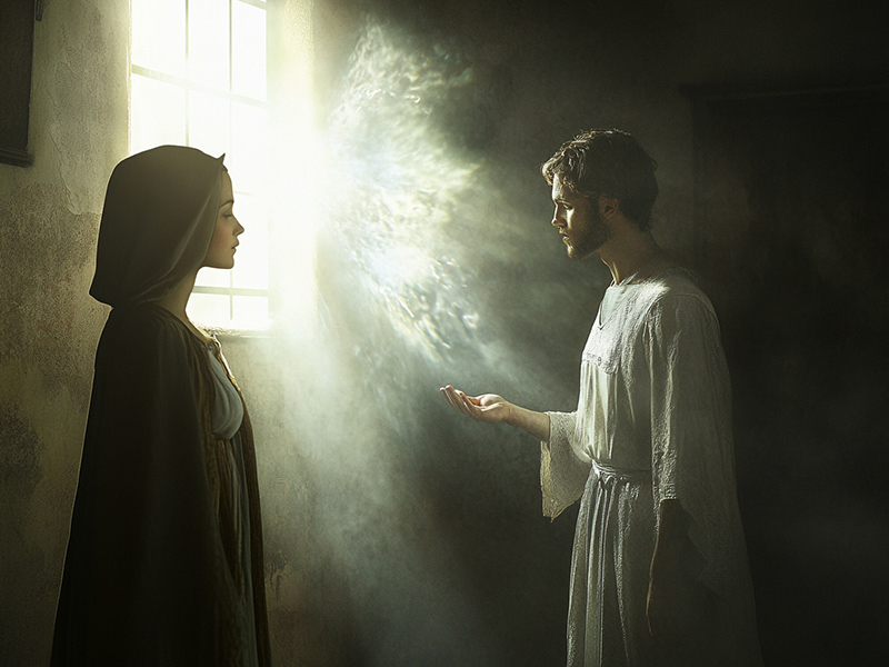 The Annunciation: Mary's yes to God, in front of the angel Gabriel. 