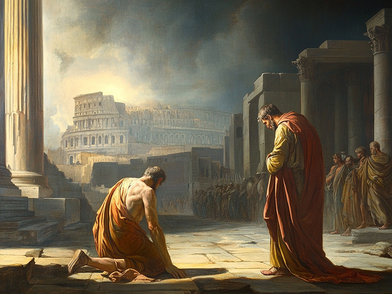 Paul kneeling, ready to be beheaded by a Roman soldier.